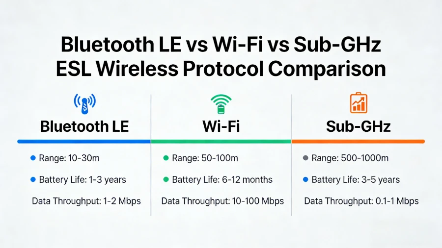 Bluetooth vs Wi-Fi vs Sub-GHz ປ້າຍຊື່ຊັ້ນວາງເອເລັກໂຕຣນິກ
